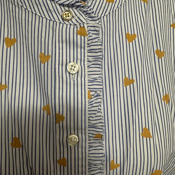Talbots Heart & Stripe Ruffle Band Collar Cotton Poplin Button Down Top L - Picture 4 of 8